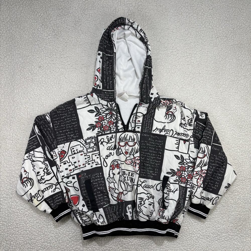 Vintage Bay Club Active French Graphic Print AOP Hoodie Womens L Made In USA 80s